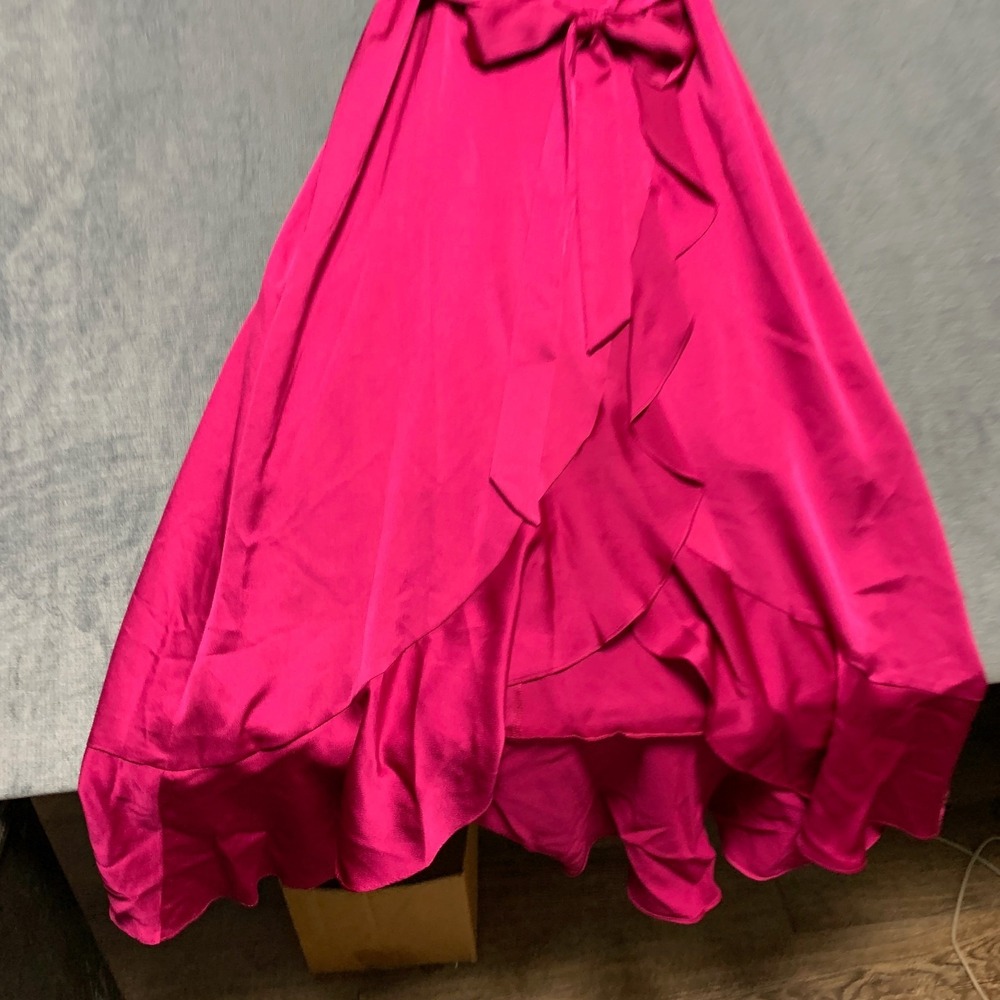 Kensie Faux Wrap Dress Womens 6 Hot Pink Ruched Sleeves Ruffled Hem Tie waist - Picture 2 of 14